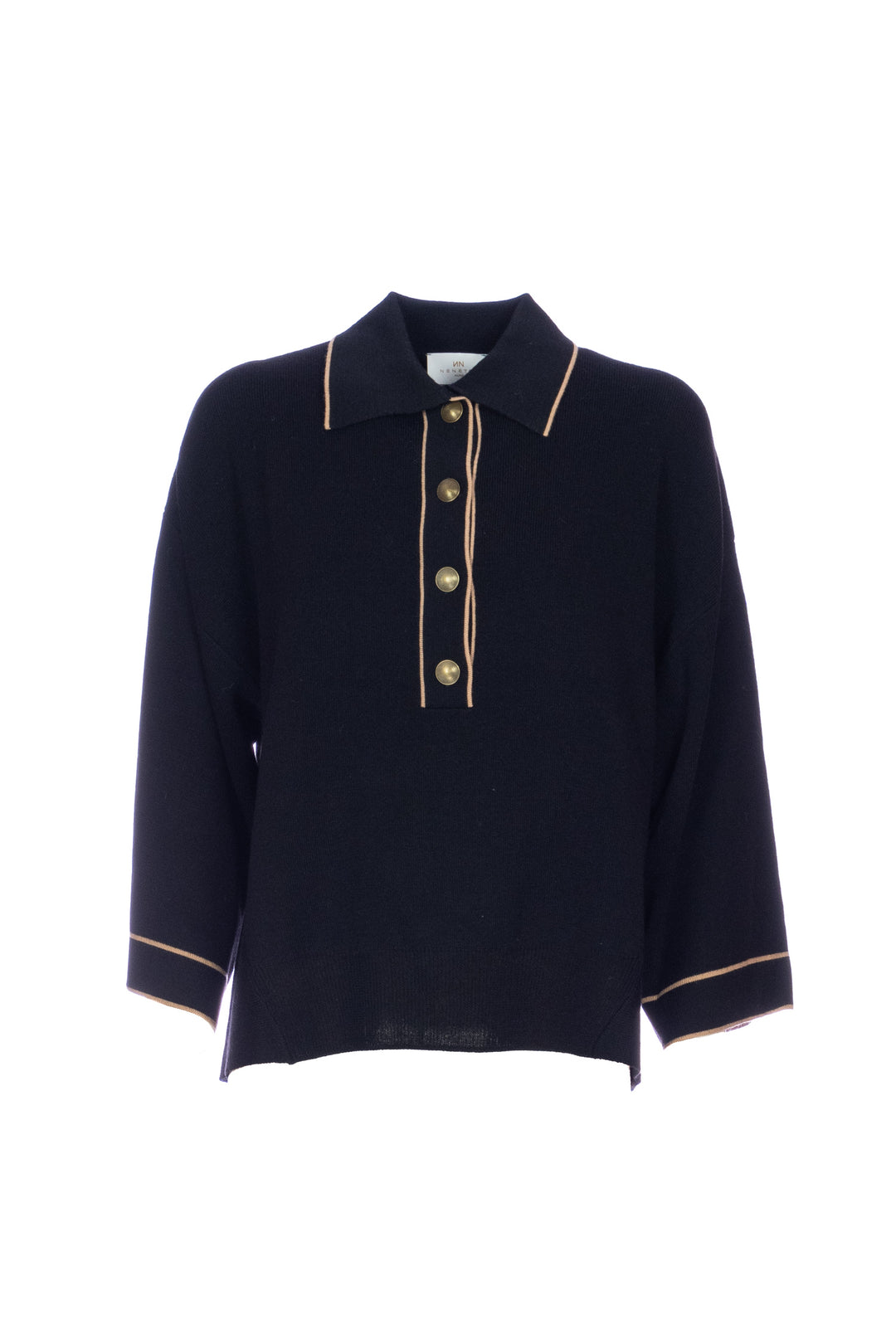 NENETTE Maglia “MATTHIS” nera in lana blend con scollo a V e chiusura a camicia - Mancinelli 1954