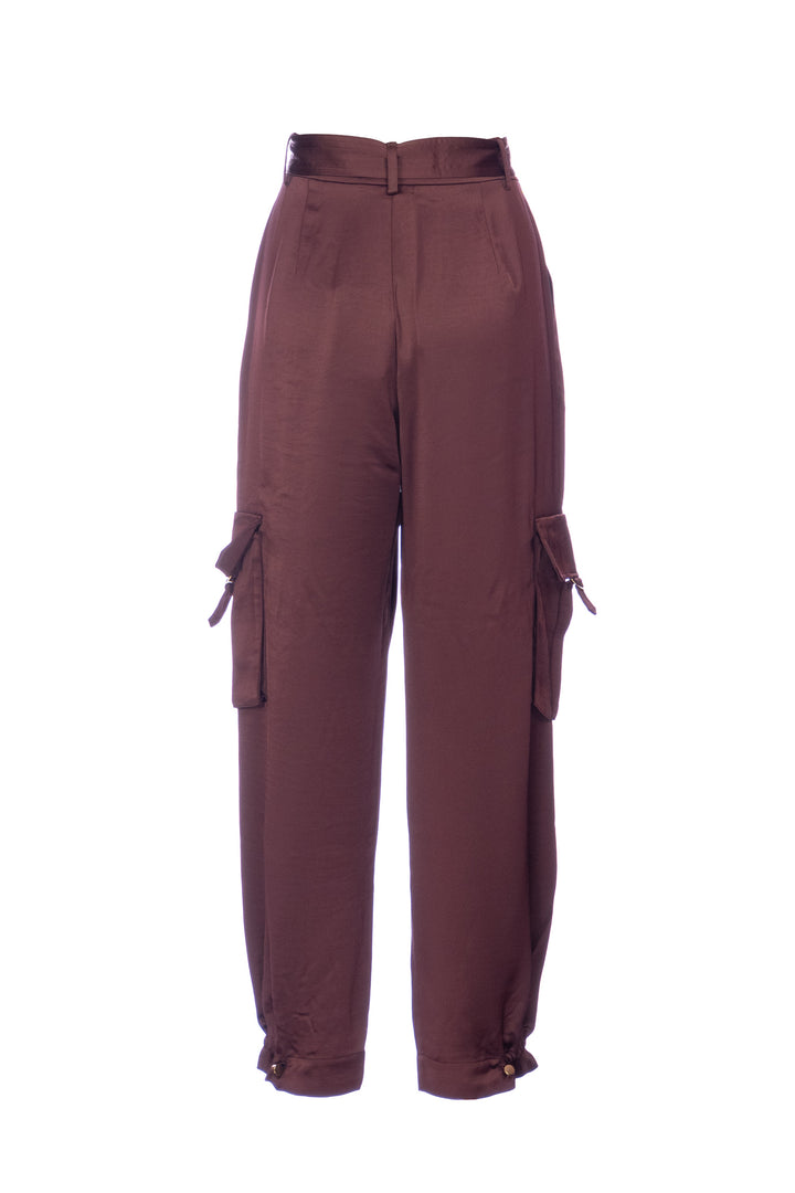 NENETTE Pantalone cargo “ERMAL” marron glace in raso con cintura - Mancinelli 1954