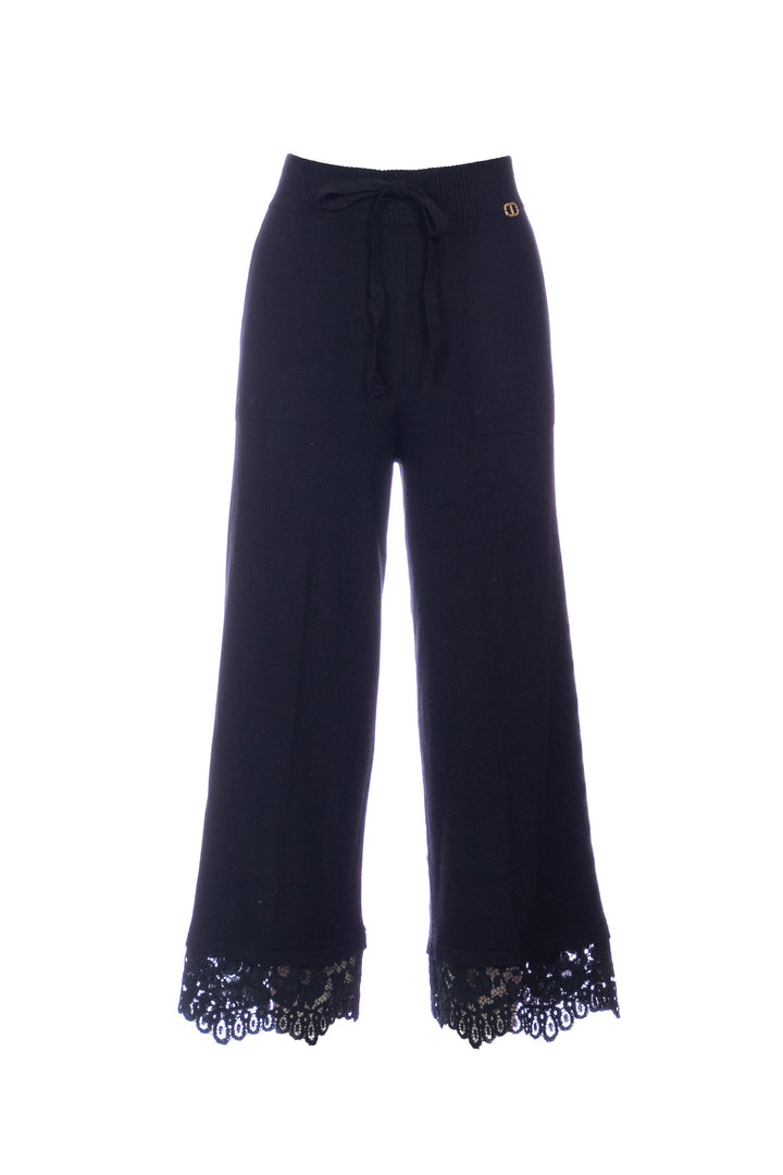 TWINSET Pantaloni neri in maglia misto lana con pizzo - Mancinelli 1954