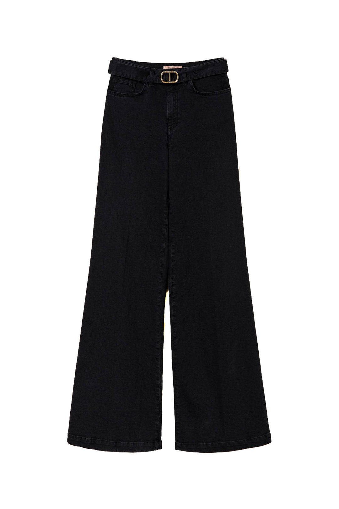 TWINSET Jeans wide leg nero in denim di cotone stretch con cintura - Mancinelli 1954