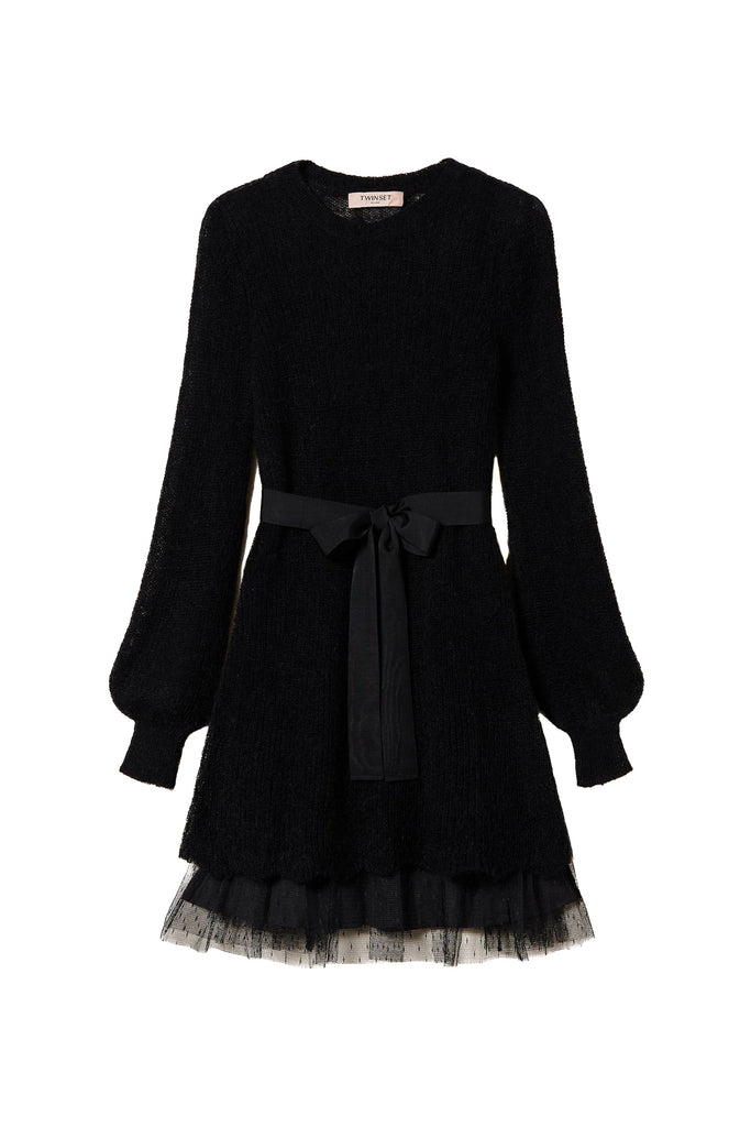 TWINSET Abito corto nero in misto mohair con sottoveste 232TT3540
