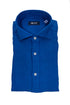 Camicia blu in lino con colletto francese