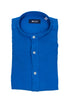 Camicia blu in lino con colletto alla coreana