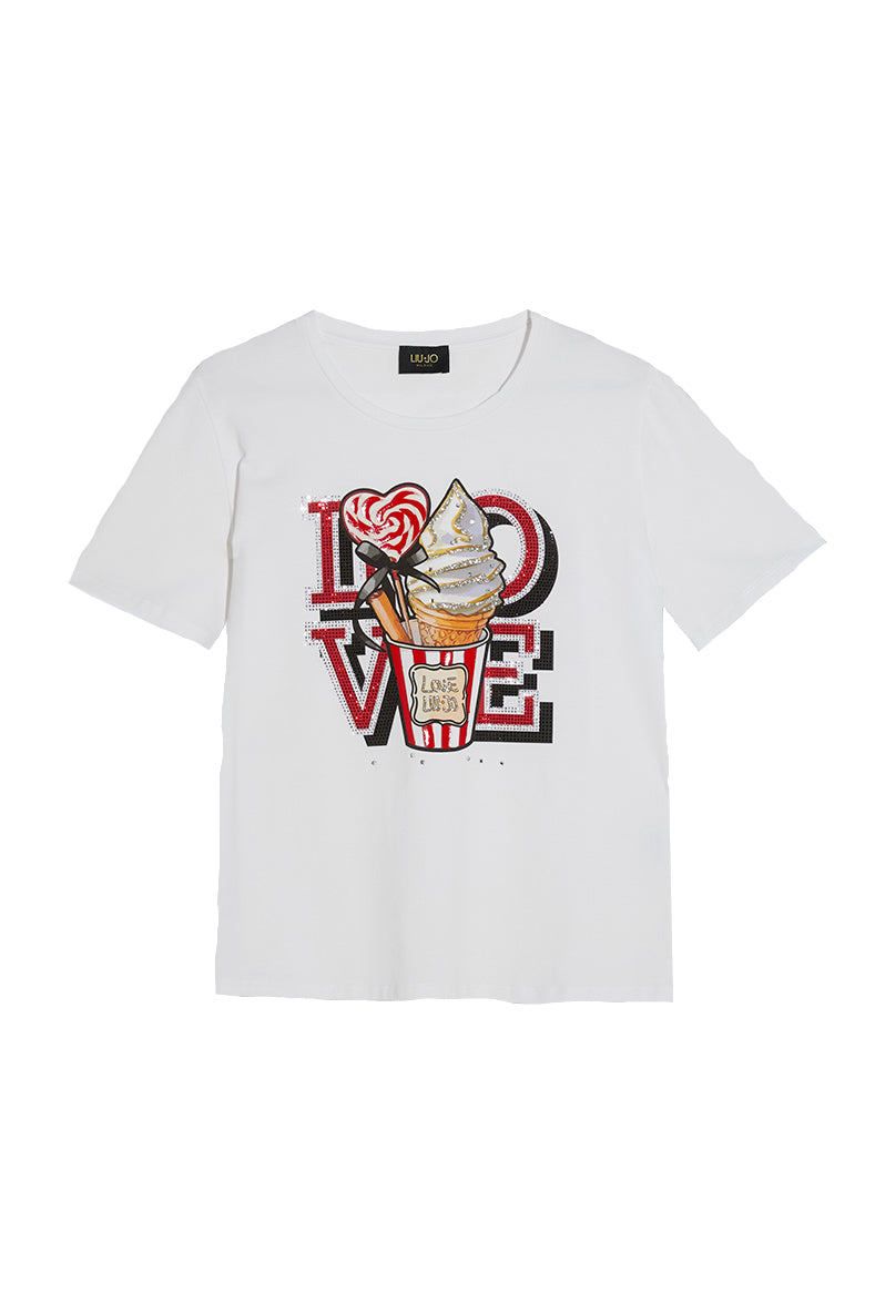 LIU JO T-shirt bianca con stampa love e applicazioni - Mancinelli 1954