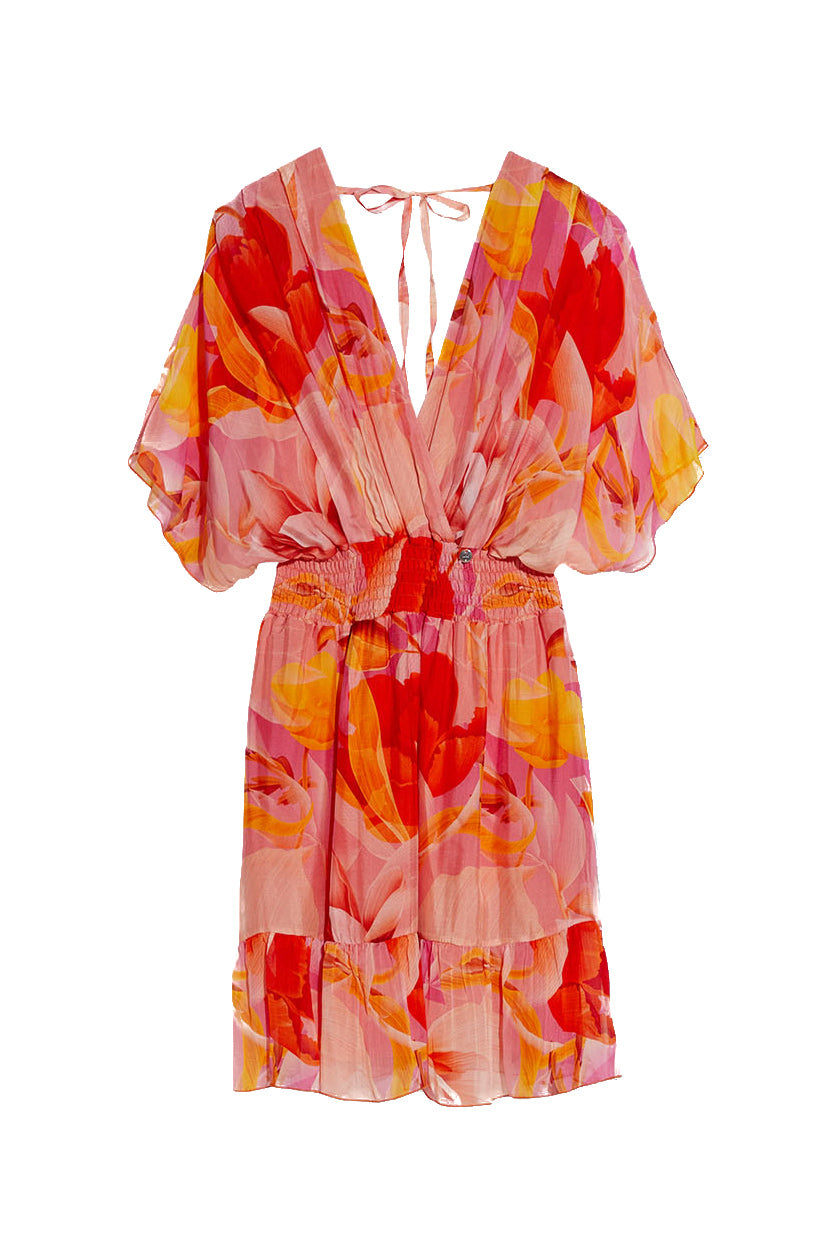 LIU JO Vestito corto in chiffon di seta con stampa a fiori arancione - Mancinelli 1954