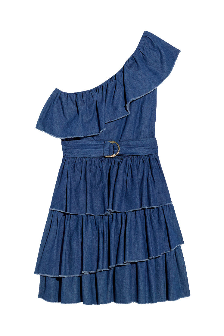 LIU JO Vestito monospalla in denim con cintura e balze - Mancinelli 1954