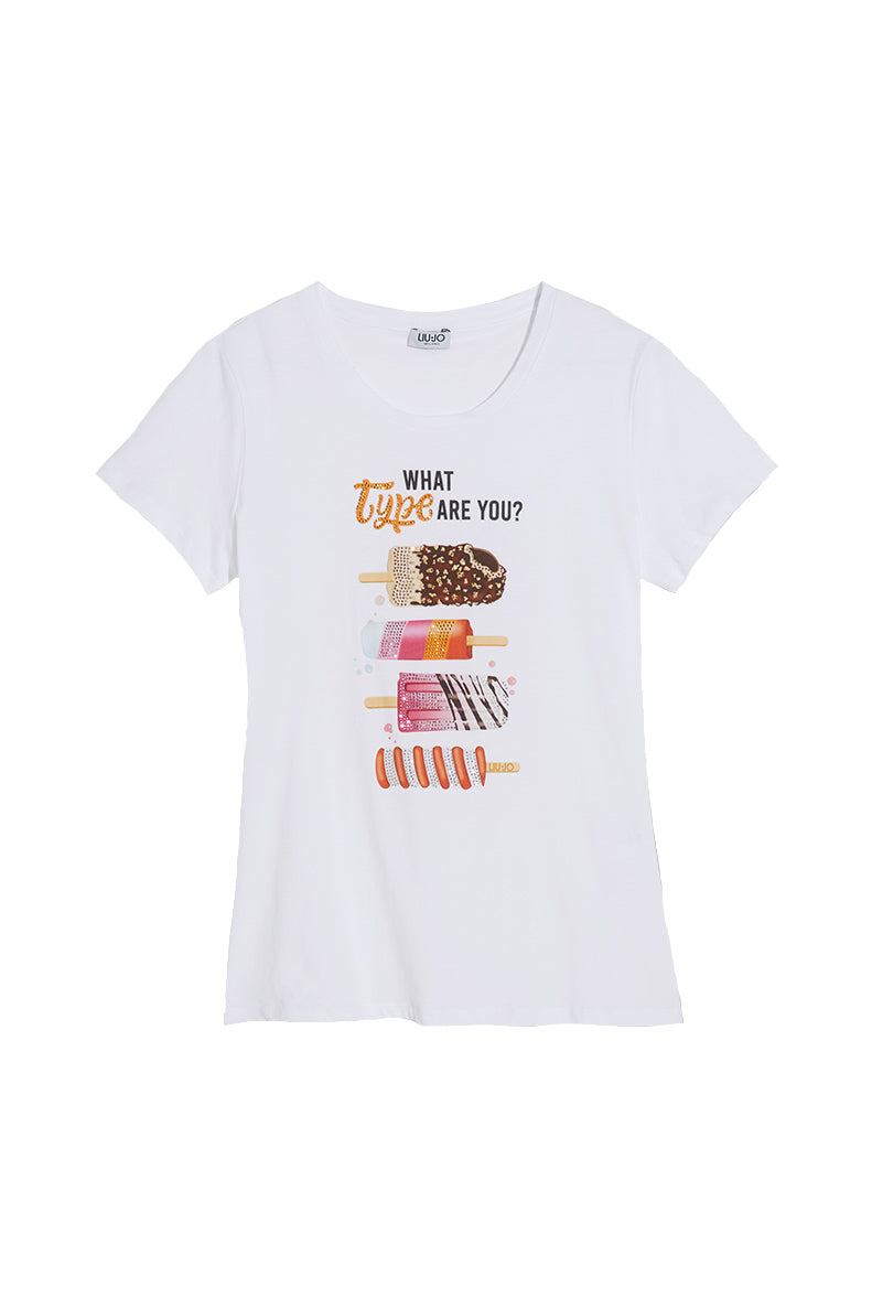 LIU JO T-shirt bianca ecosostenibile con stampa gelati - Mancinelli 1954