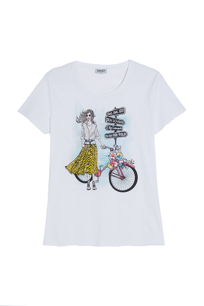 LIU JO T-shirt bianca ecosostenibile con stampa bicicletta - Mancinelli 1954
