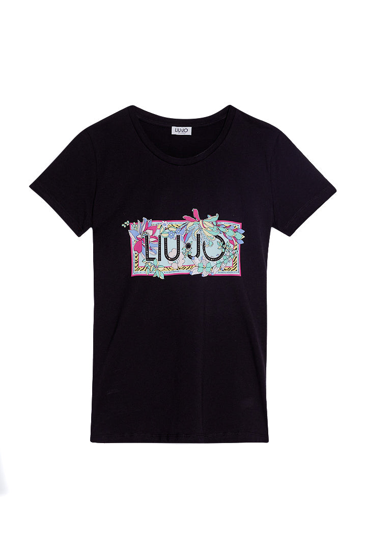 LIU JO T-shirt nera ecosostenibile con logo e fiori del mare - Mancinelli 1954