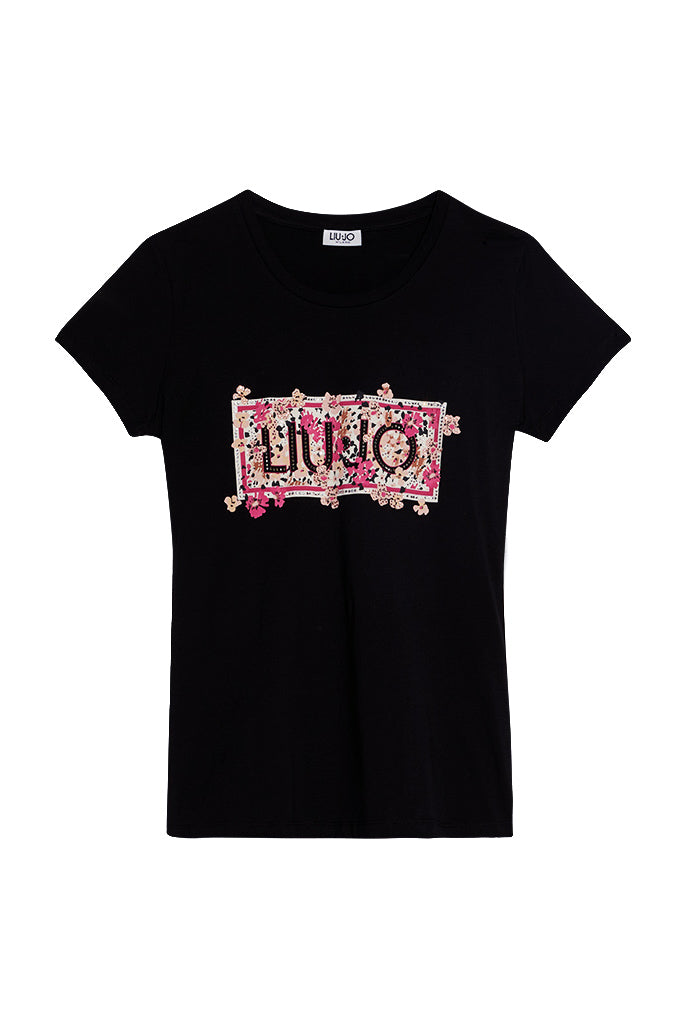 LIU JO T-shirt nera ecosostenibile con logo e fiori rosa - Mancinelli 1954