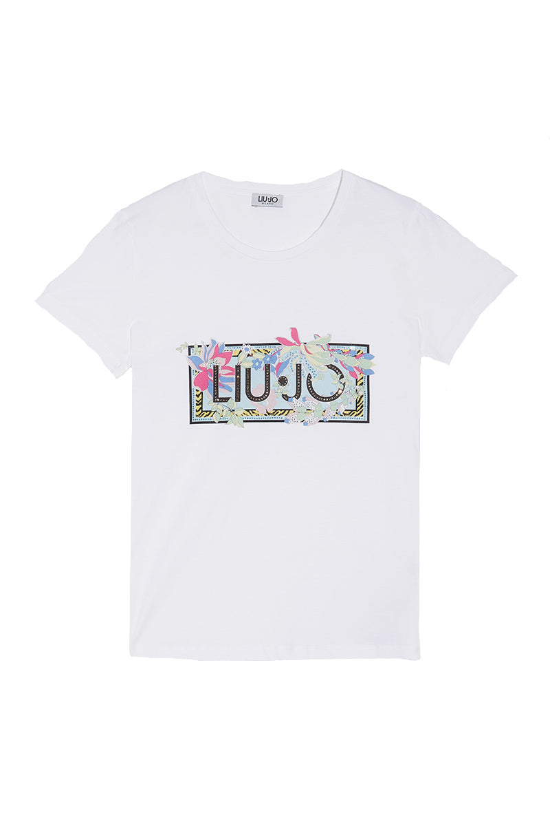 LIU JO T-shirt bianca ecosostenibile con logo e fiori del mare - Mancinelli 1954