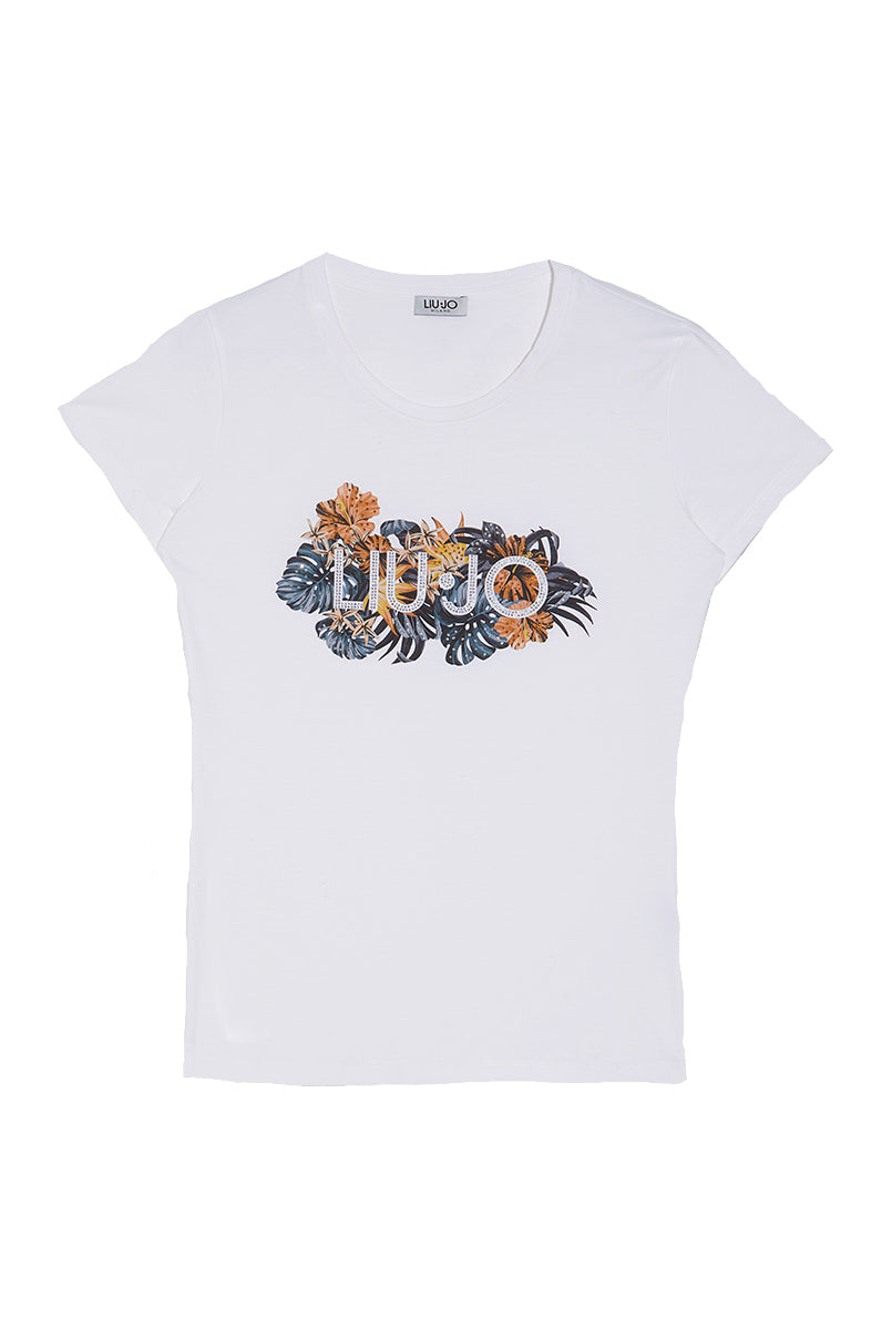 LIU JO T-shirt bianca ecosostenibile con logo e foliage - Mancinelli 1954