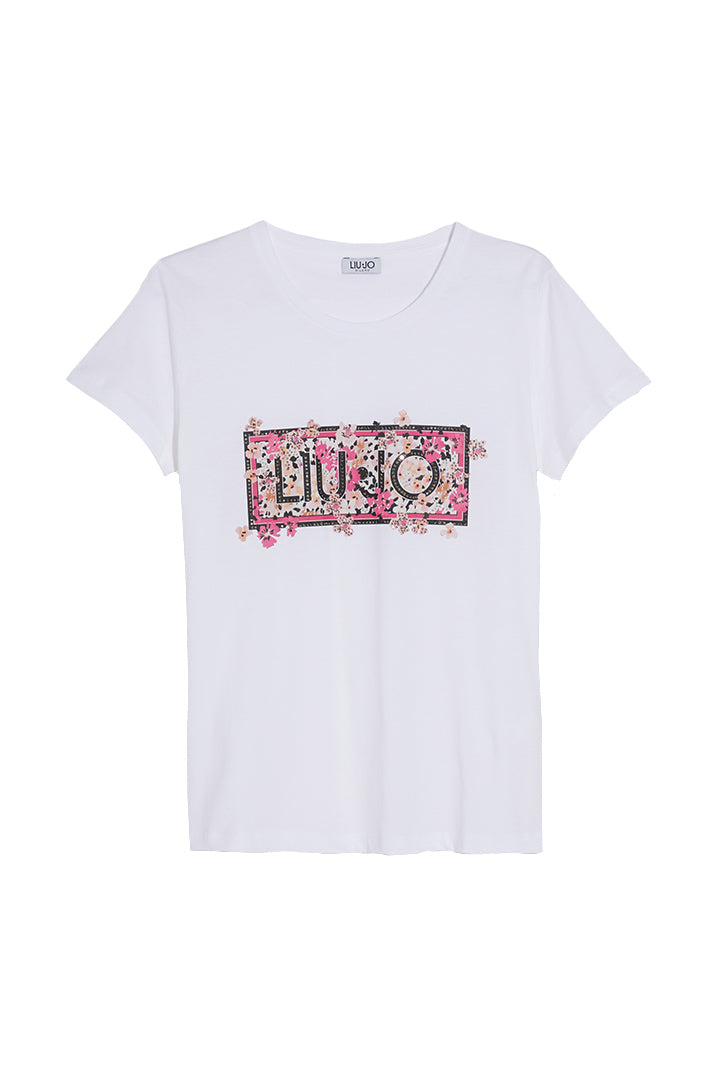 LIU JO T-shirt bianca ecosostenibile con logo e fiori rosa - Mancinelli 1954
