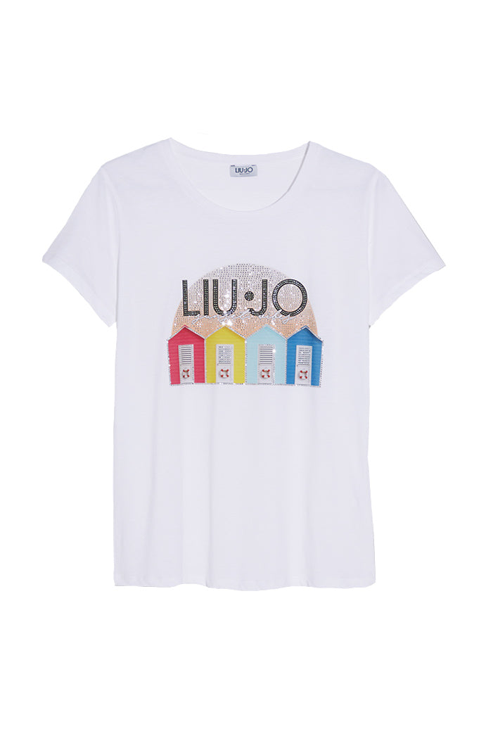 LIU JO T-shirt bianca con stampa tramonto e applicazioni - Mancinelli 1954