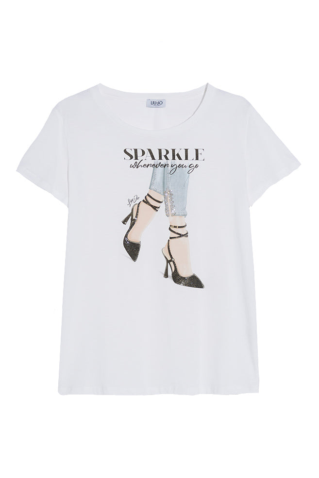 LIU JO T-shirt bianca con stampa scarpe e applicazioni - Mancinelli 1954