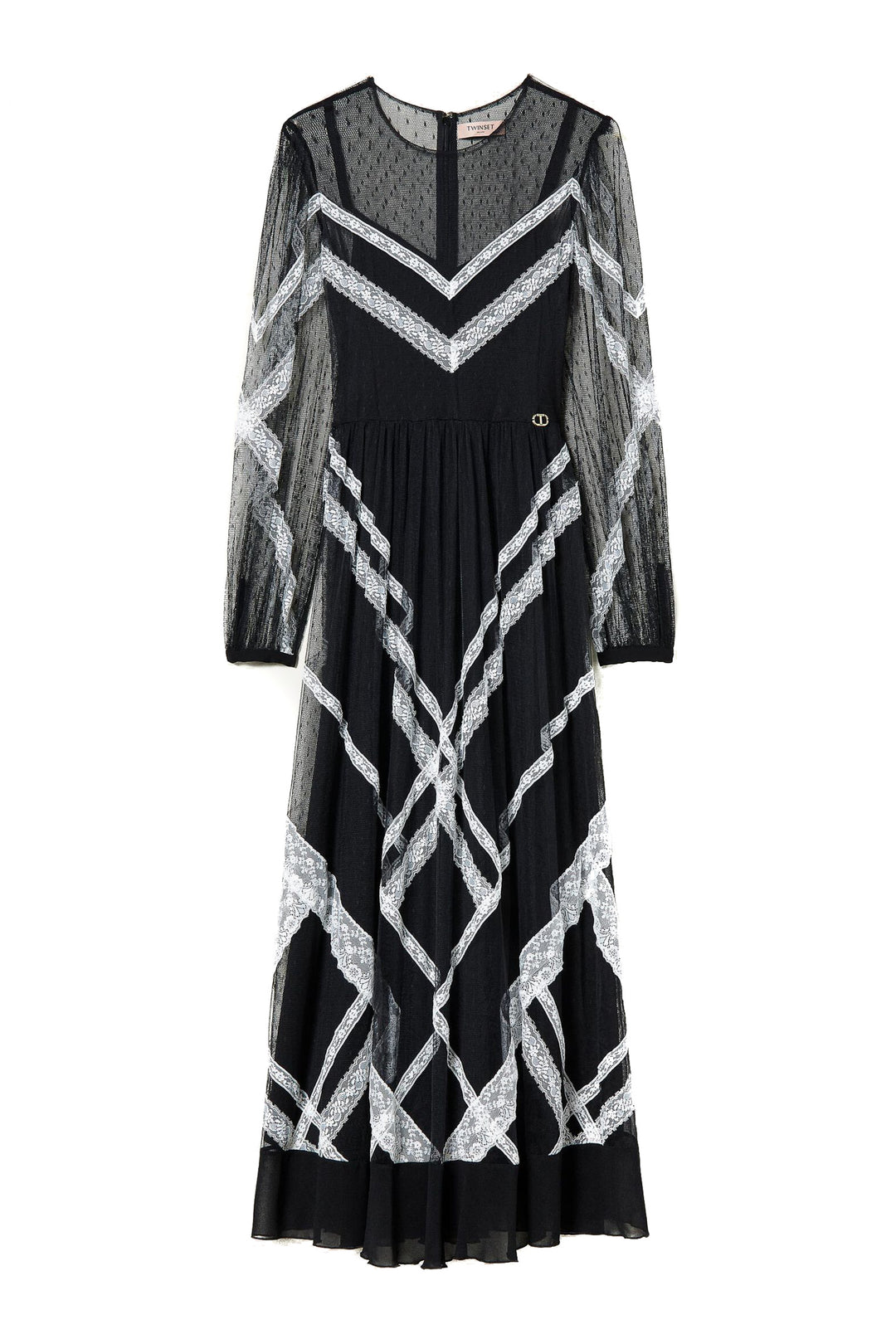 TWINSET Abito lungo in tulle point d'esprit e pizzo nero e bianco - Mancinelli 1954