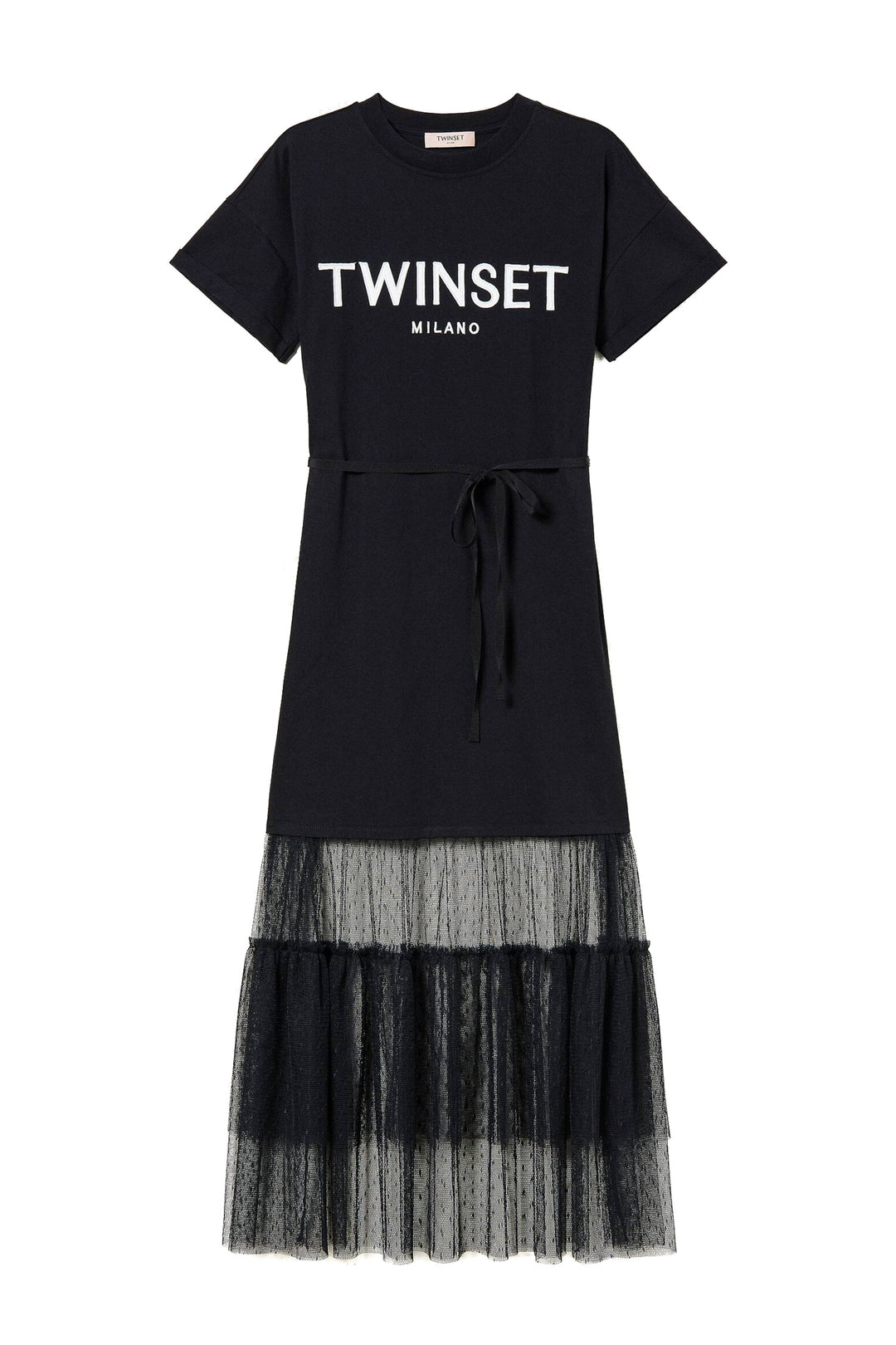 TWINSET Abito lungo con logo e tulle plumetis nero - Mancinelli 1954