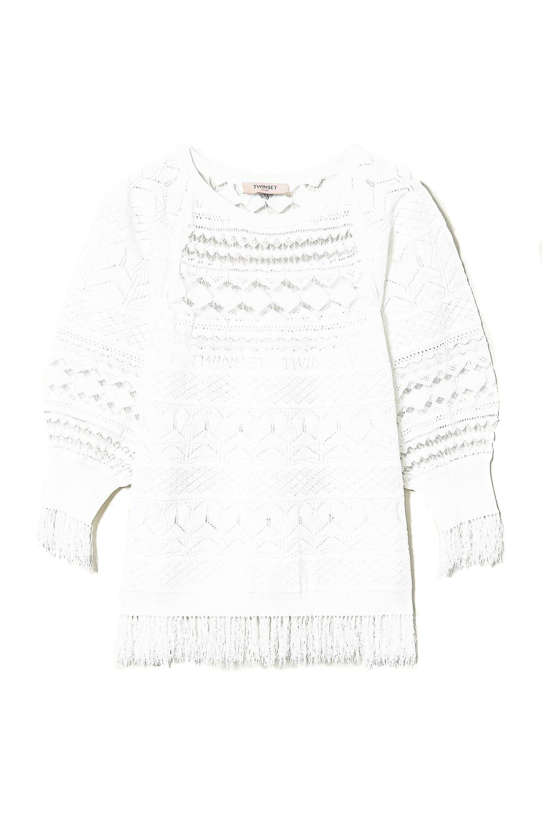 TWINSET Maglia in punto pizzo con frange bianca - Mancinelli 1954