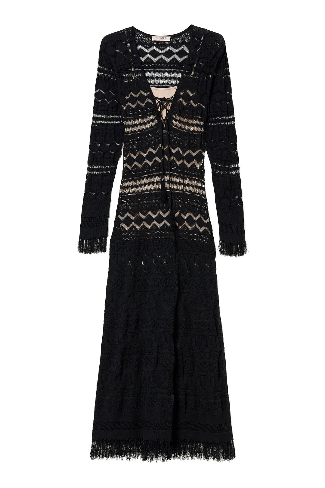 TWINSET Abito lungo in punto pizzo con frange nero - Mancinelli 1954