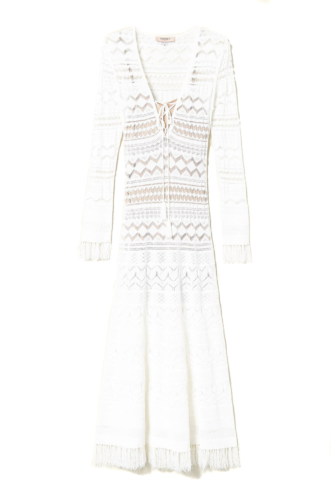 TWINSET Abito lungo in punto pizzo con frange bianco - Mancinelli 1954