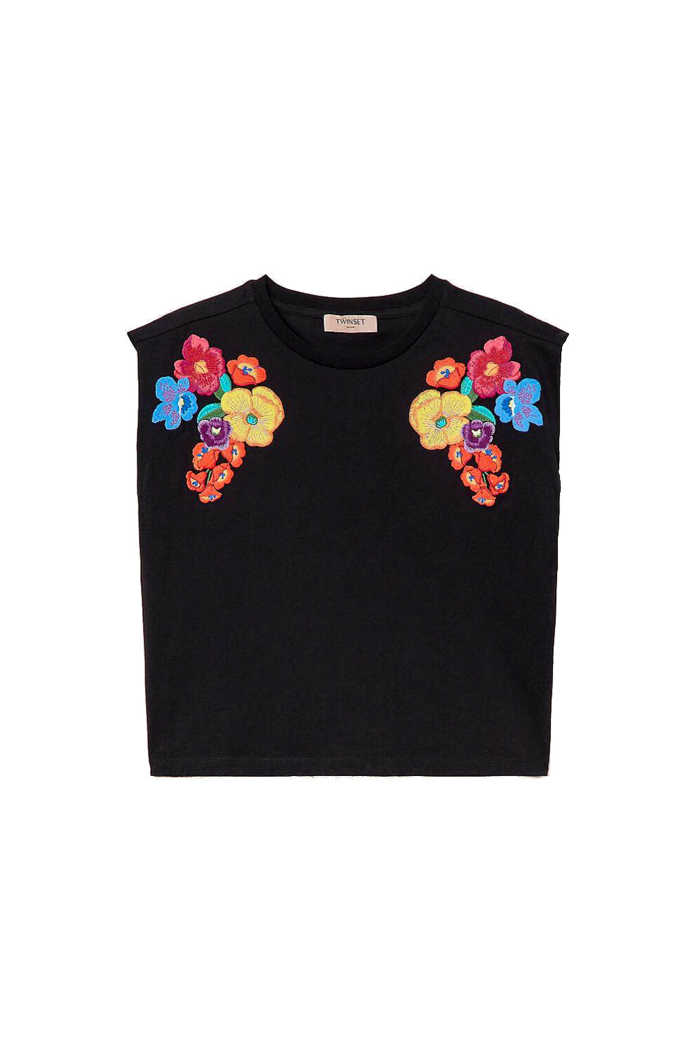 TWINSET T-shirt con ricamo a fiori multicolor nera - Mancinelli 1954