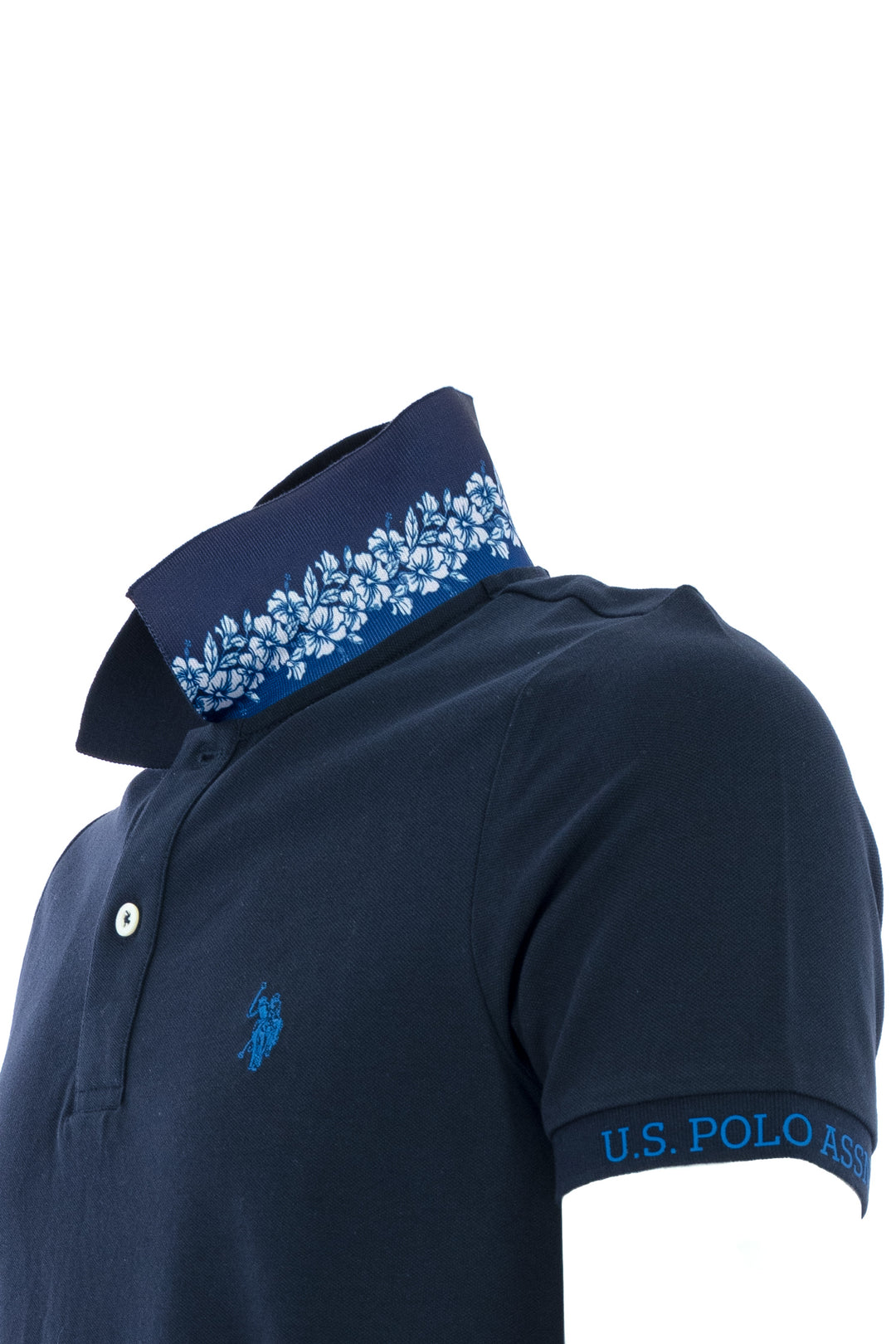 U.S. POLO ASSN. Polo in tricot con colletto fantasia e logo sulla manica blu navy - Mancinelli 1954