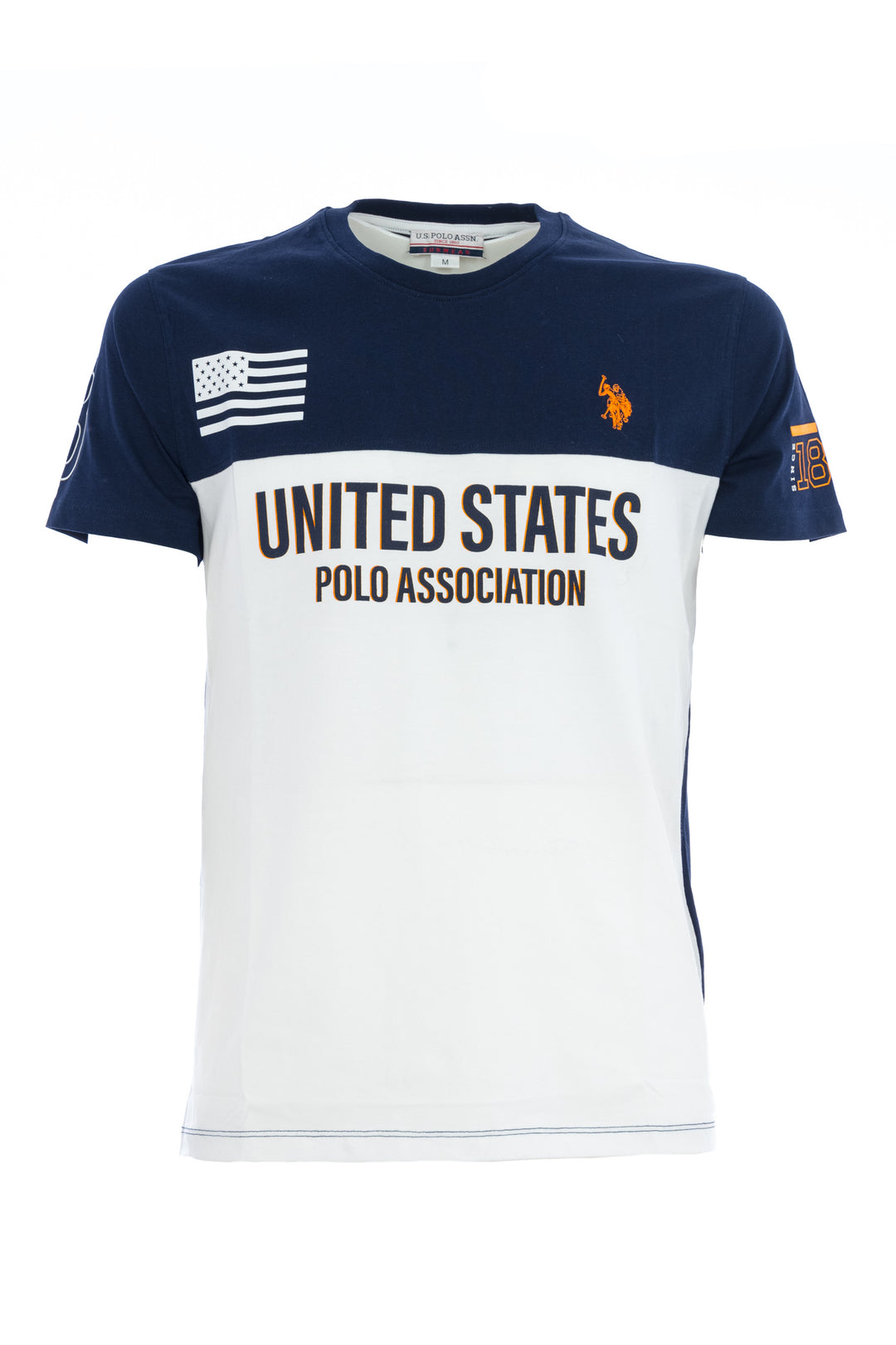 U.S. POLO ASSN. BEACHWEAR T-shirt in cotone con stampa frontale e posteriore e bandiera USA bianca e blu navy - Mancinelli 1954