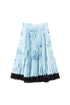 Long skirt in printed pleated satin with lace