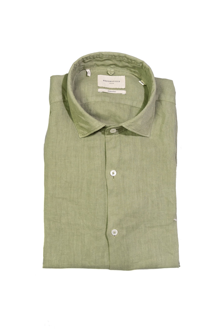 Brooksfield Camicia slim verde in lino con collo francese - Mancinelli 1954