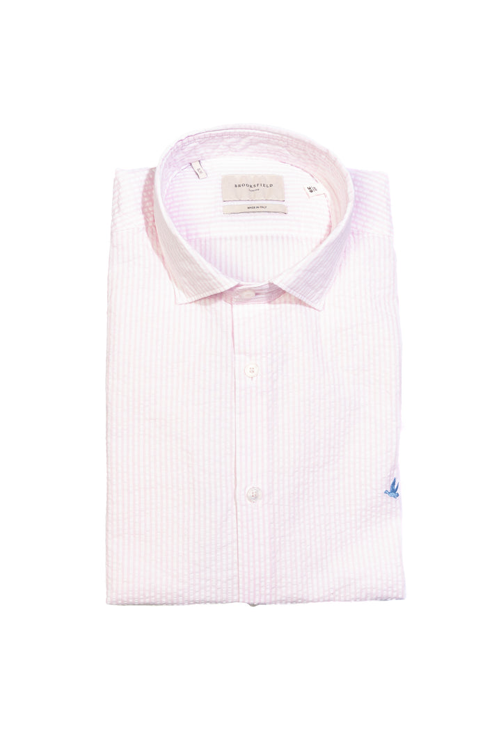 Brooksfield Camicia slim in cotone a righe bianche e rosa - Mancinelli 1954