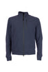 Navy blue packable bomber jacket in bi-stretch knit fabric