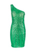 One-shoulder green slim mini dress in sequins