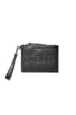 Black clutch bag in faux leather with handle and logo