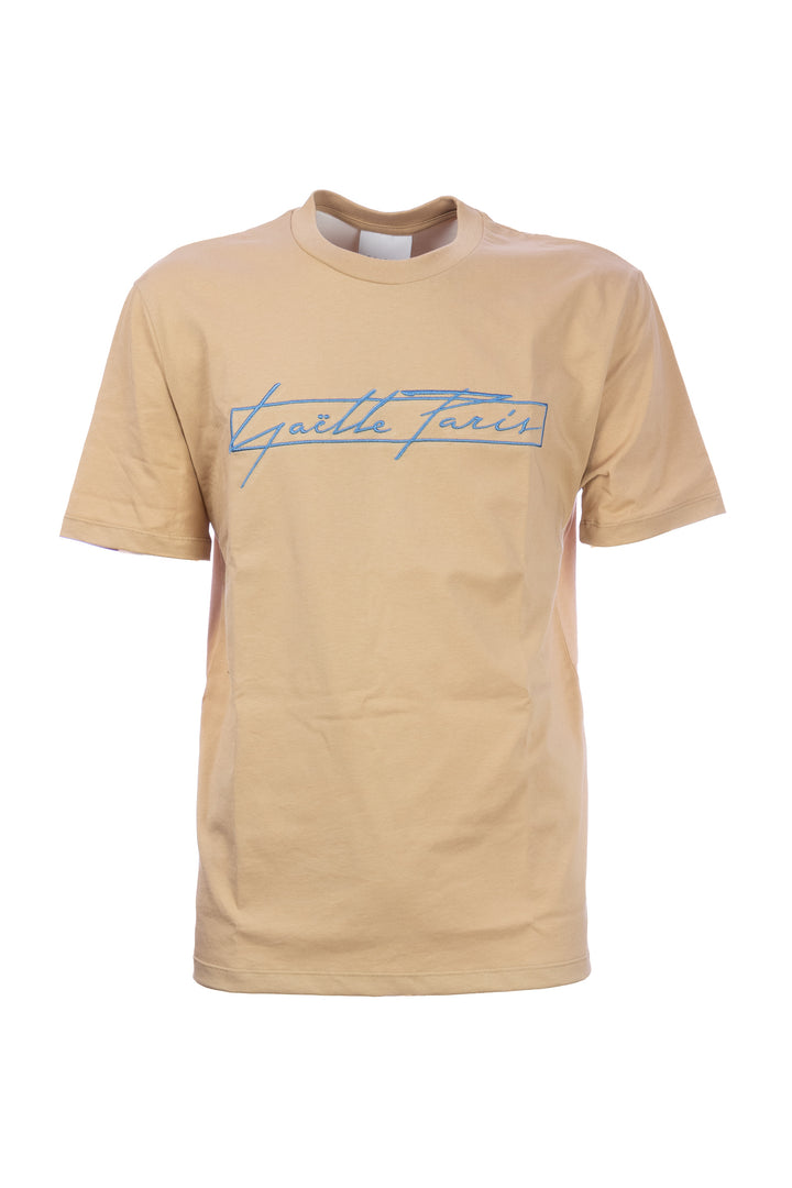 GAELLE T-shirt beige in cotone con logo grande ricamato in contrasto - Mancinelli 1954