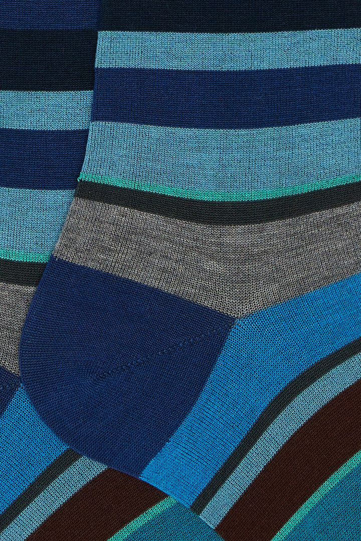 GALLO Calze lunghe cotone leggerissimo blu royal righe multicolor - Mancinelli 1954