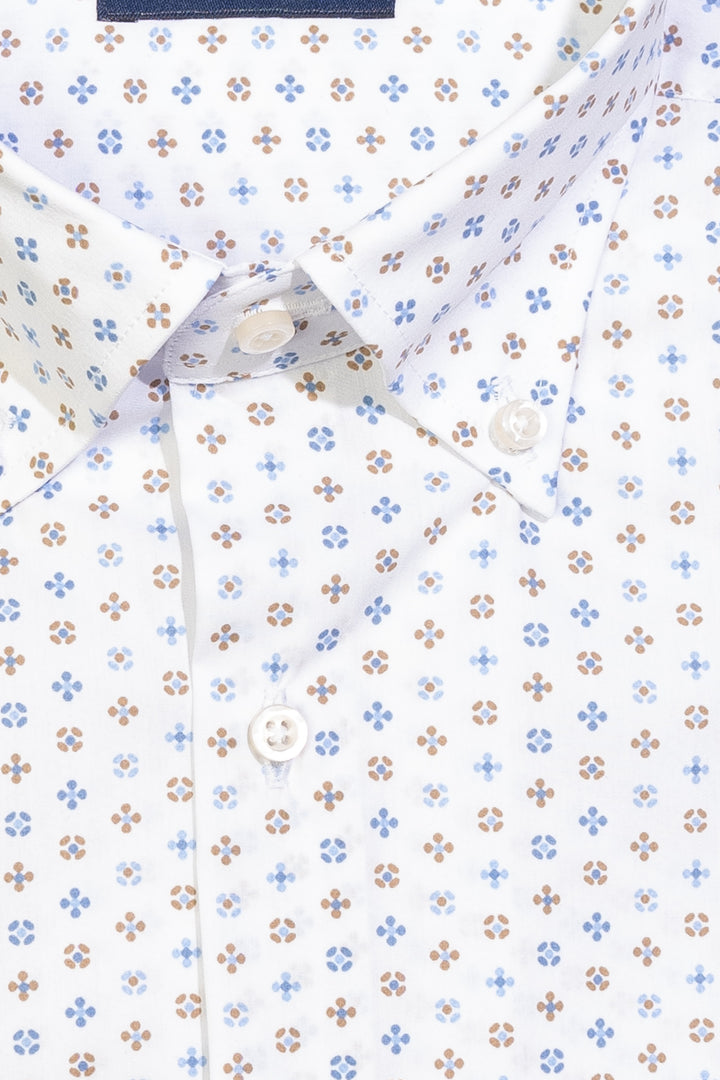 HDP Camicia slim button down bianca in cotone con microfantasia blu e biscotto - Mancinelli 1954
