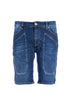 Jeans bermuda cinque tasche in denim stretch lavaggio scuro con toppe