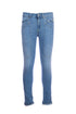 Five-pocket jeans in light wash stretch denim with patches
