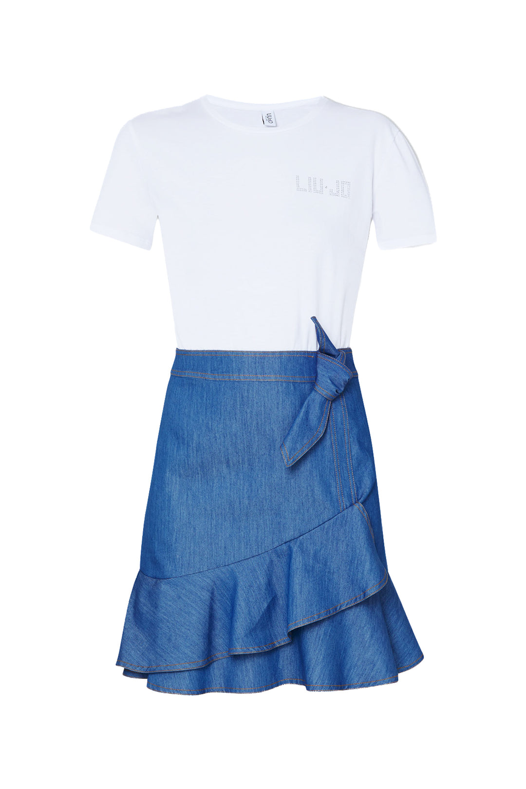 Dress with white jersey top and denim skirt
