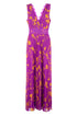 Long amethyst and gold “ALBERTA” sleeveless dress with floral print