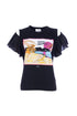 T-shirt “DIPLOMATIC” nera in cotone senza spalline con stampa tramonto