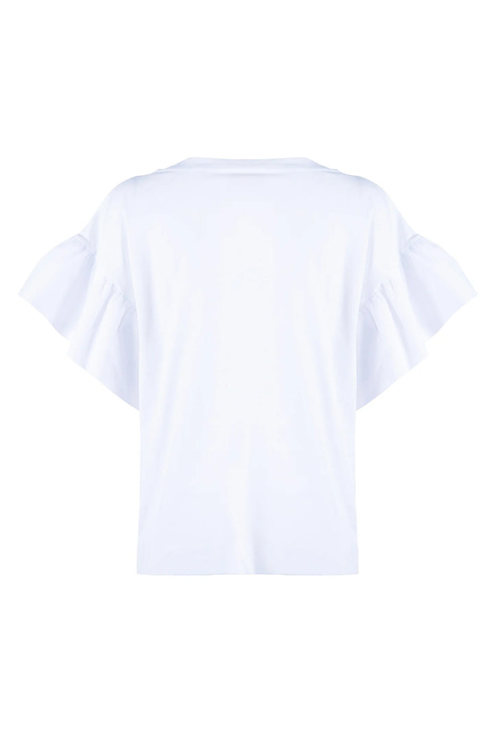 NENETTE T-shirt “DISK” bianca in cotone con maniche a volant e con stampa vespa - Mancinelli 1954