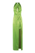 Kiwi green “ADONE” dress in stretch satin with detachable skirt