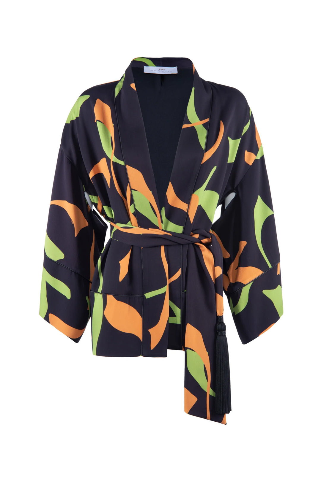 NENETTE Giacca kimono “VICE” nera con stampa verde e arancio - Mancinelli 1954