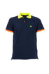 Navy blue polo shirt in stretch cotton with multicolor collar and sleeves