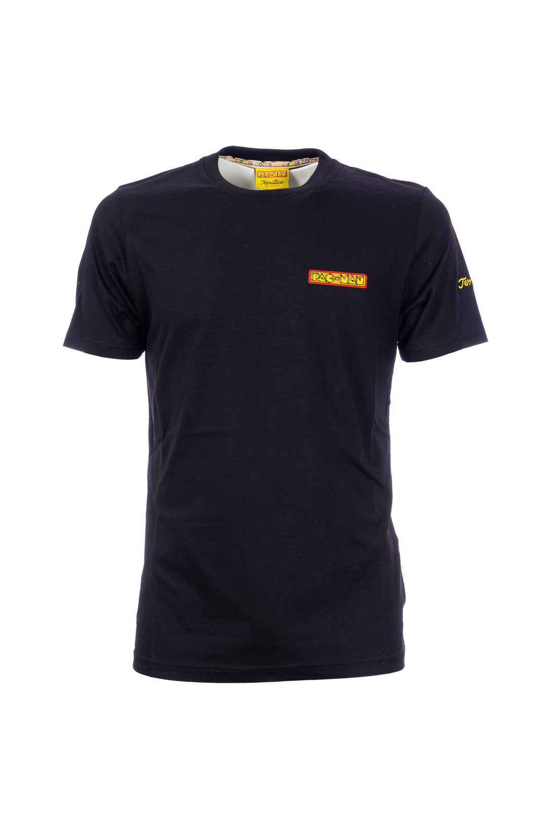 TEMATICO T-shirt nera in cotone con stampa Pac-Man sul petto e sulla schiena - Mancinelli 1954
