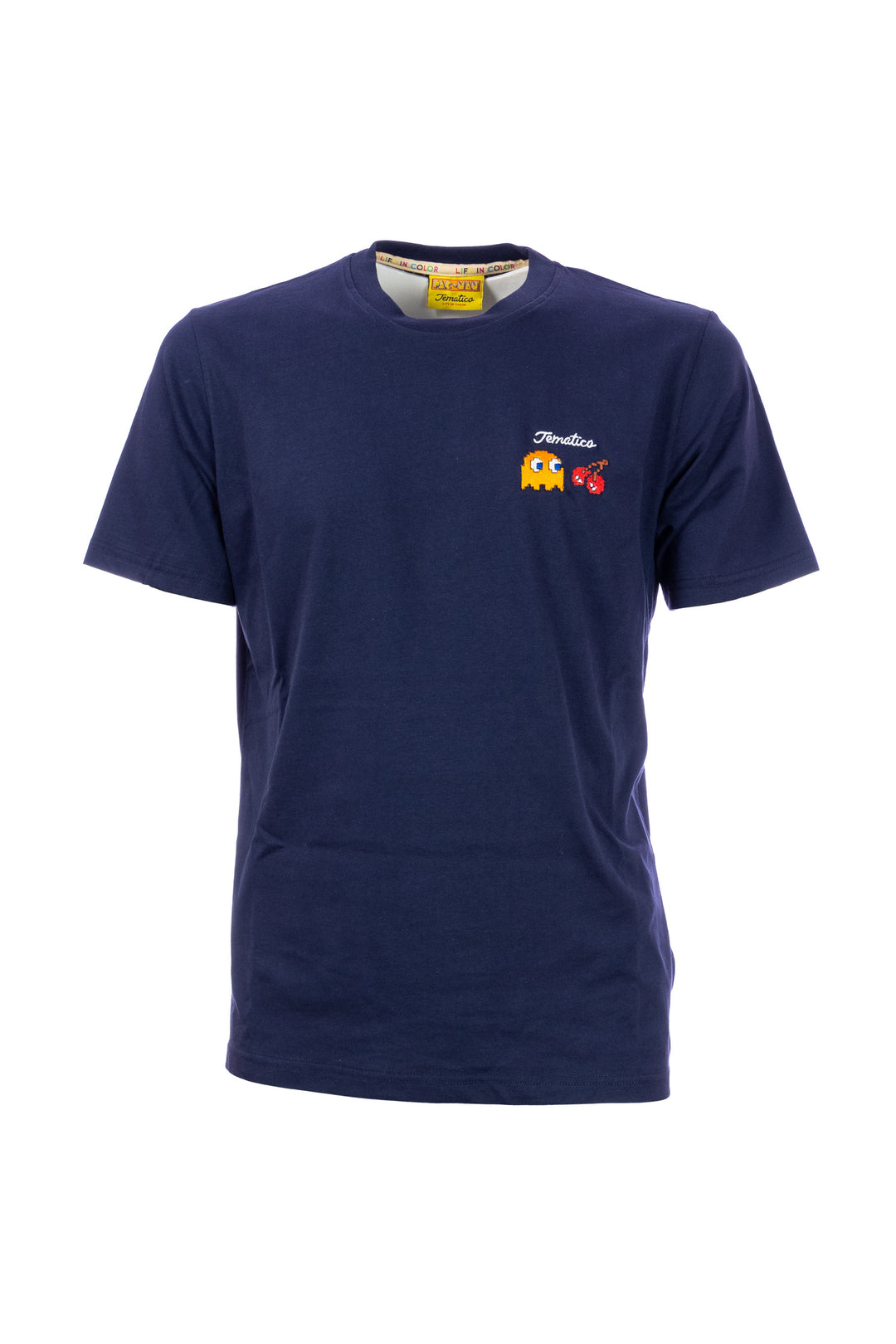 TEMATICO T-shirt blu navy in cotone con stampa Pac-Man sul petto e sulla schiena - Mancinelli 1954