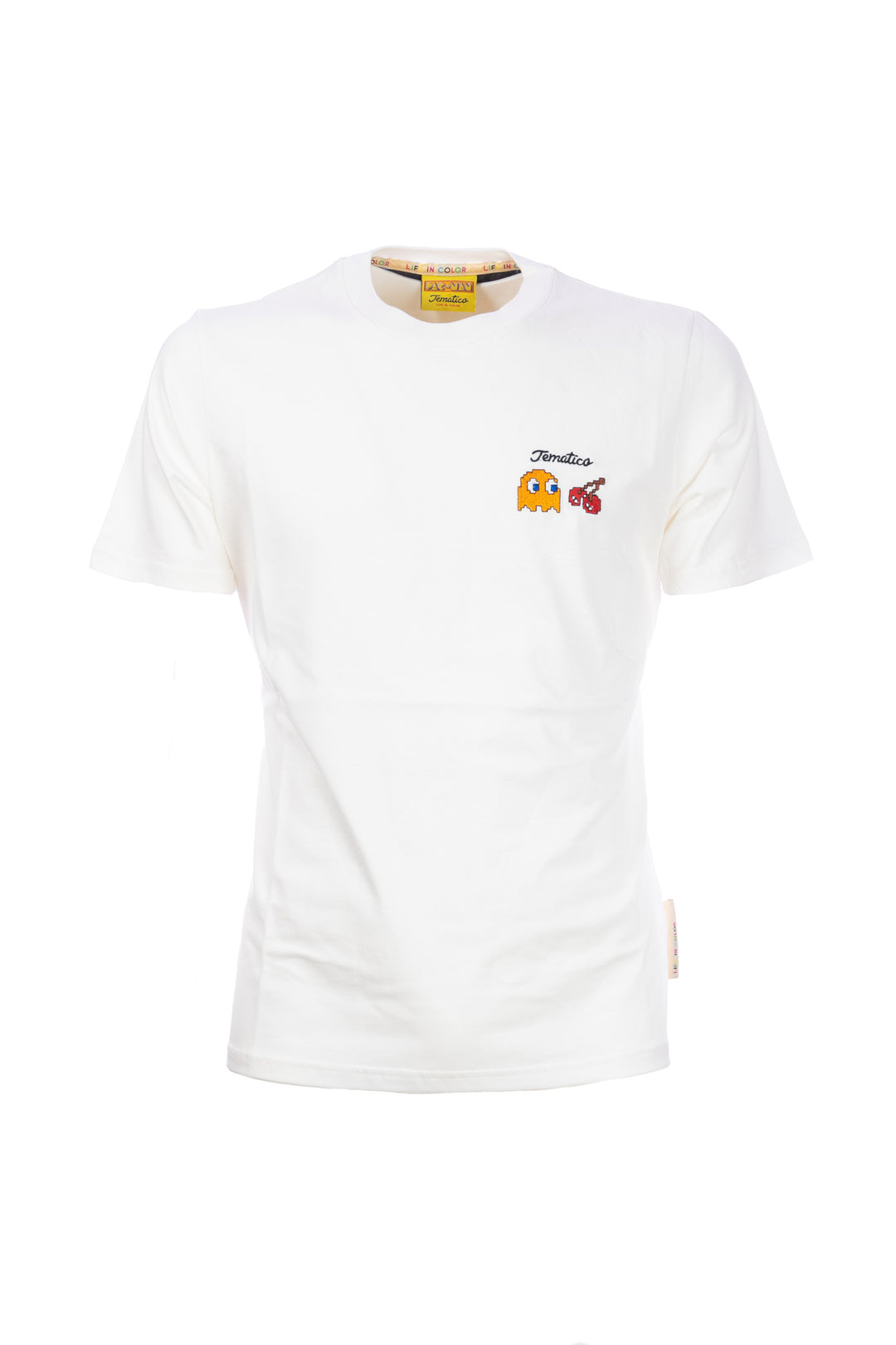 TEMATICO T-shirt panna in cotone con stampa Pac-Man sul petto e sulla schiena - Mancinelli 1954