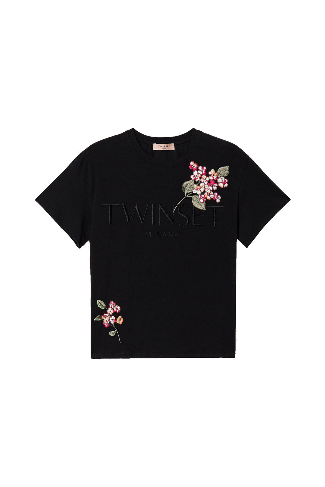 TWINSET T-shirt nera con logo e ricamo floreale - Mancinelli 1954