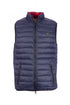 Reversible navy blue and red nylon padded gilet